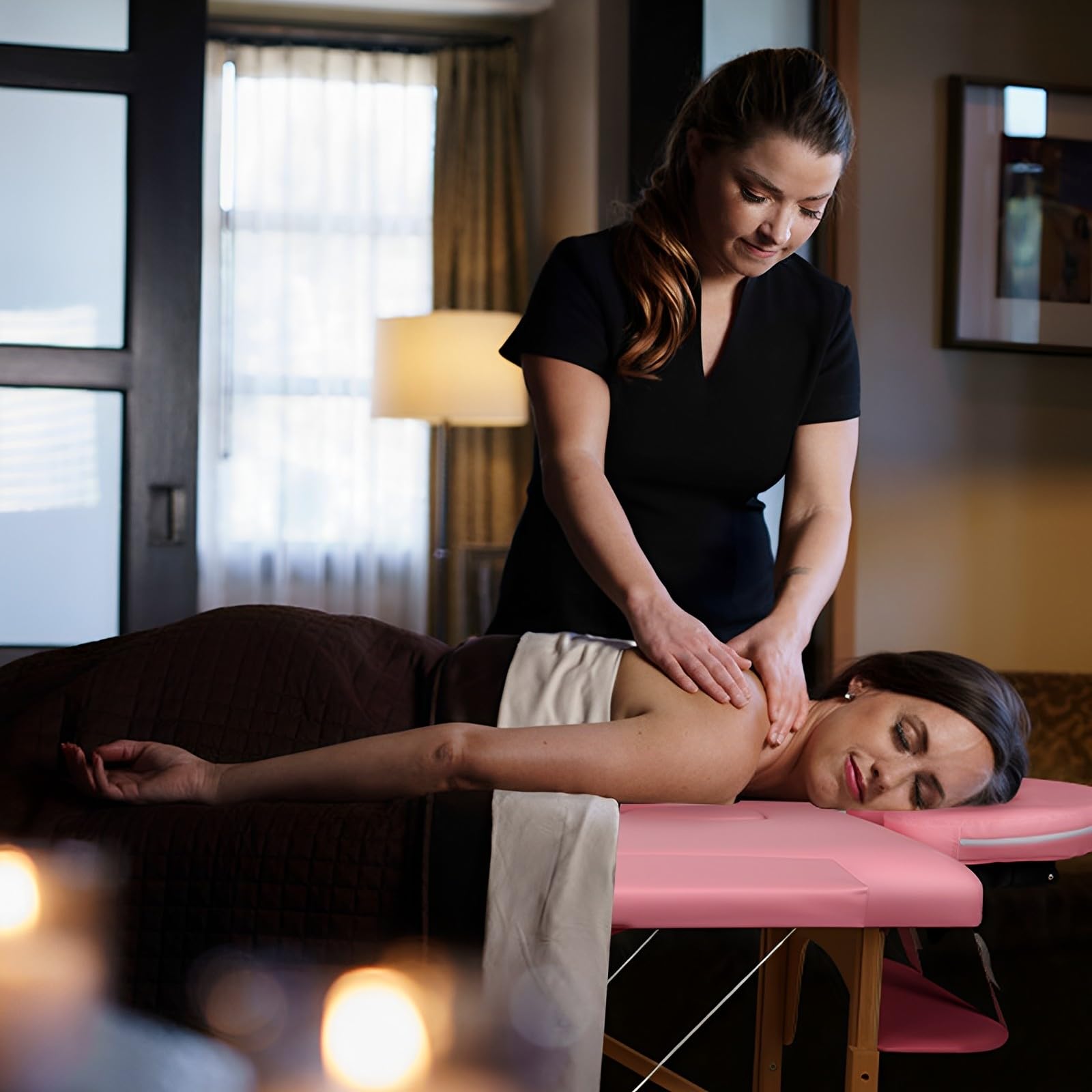 Camilla de Masaje Plegable - 2-Zona Madera Camilla Estetica Portatil para Fisioterapia y Tatuaje (Rosa)