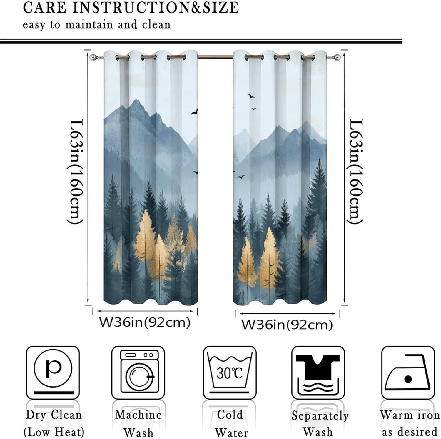 Abstract Jungle Mountain Grommet Blackout Curtains for Bedroom, Misty Forest Tree Bird Thermal Insulated Curtains Room Darkening Window Drapes, 36W x 63L, 2 Panels