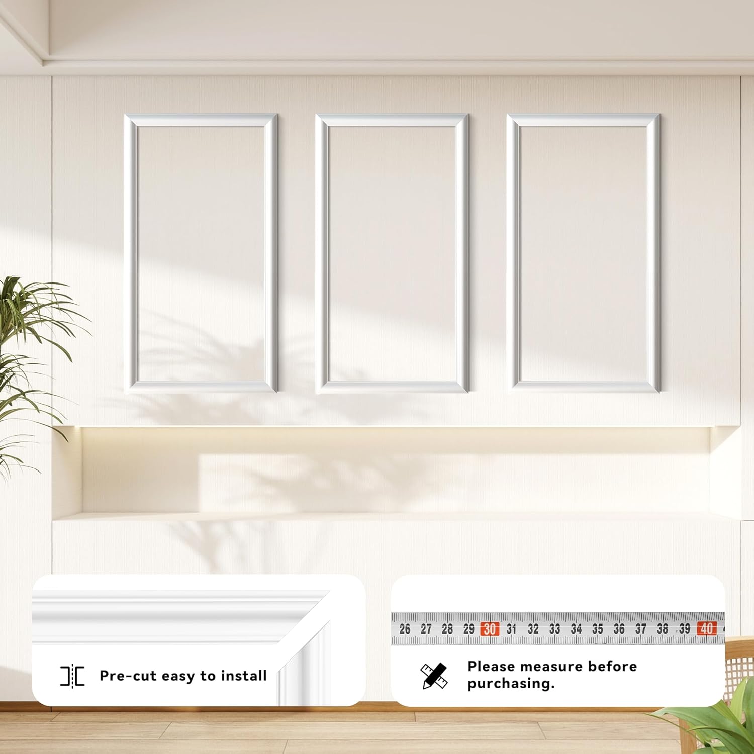 PALMPOP Peel and Stick Wall Molding Kit of 3 Frames,Premade Accent Wainscoting Panels, Ready to Molding Trim for Living Room Bedroom Corridor Home Interior Wall Panel Decor (24x16in)