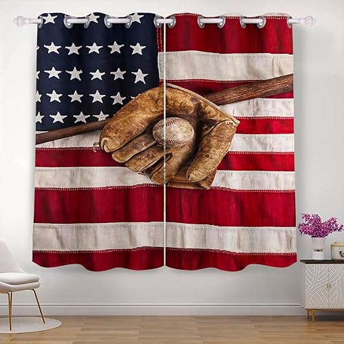 Cortinas opacas de 42 x 63 pulgadas, cortinas de oscurecimiento con ojales superiores (2 paneles) para habitación, bandera estadounidense de béisbol