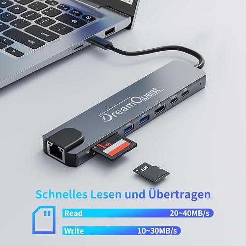 DreamQuest Adaptateur multiport USB C 8 en 1, HDMI 4K, charge PD 100 W, ports USB 3.0 et 2.0, Ethernet 10/100 Mbps, carte SD/TF - 5