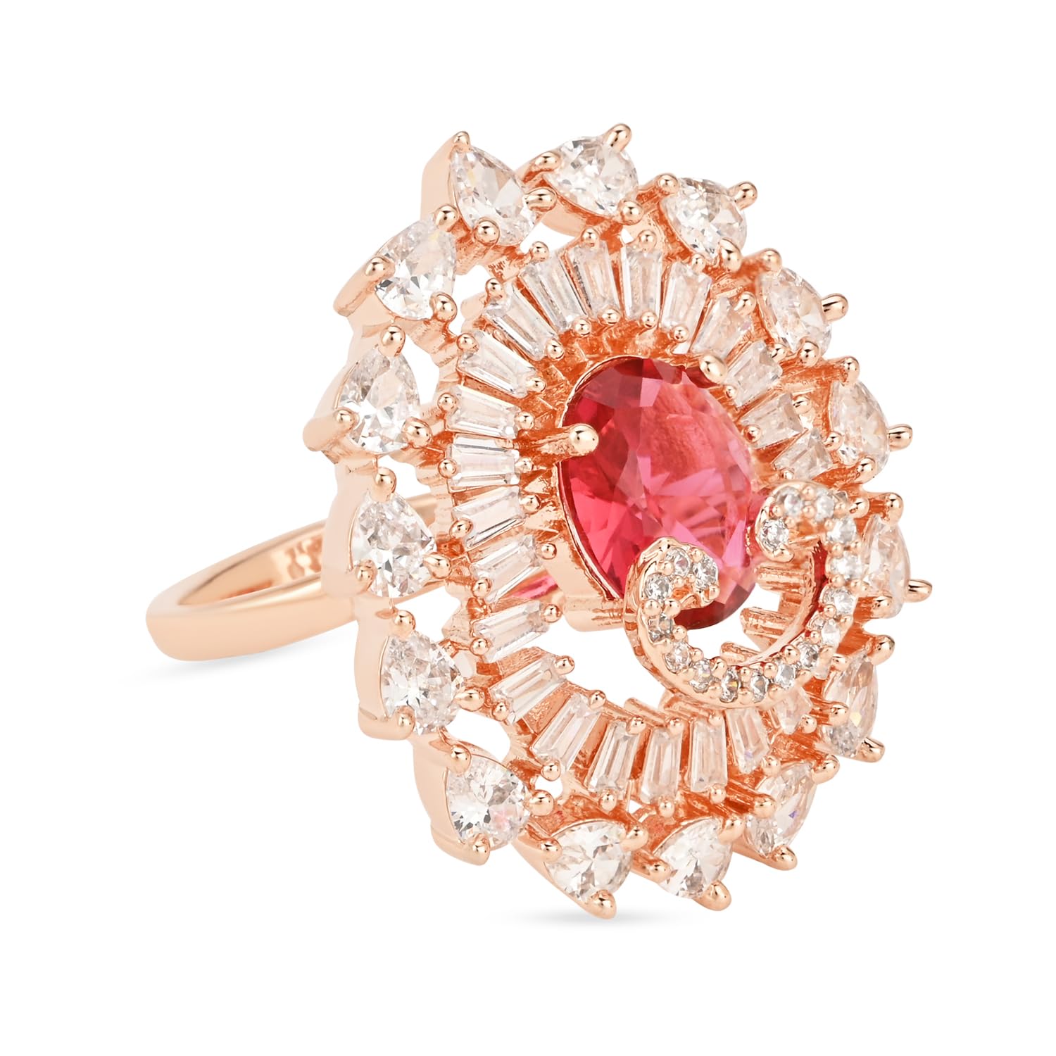 Rose Gold Plated Valentines Special CZ American Diamond Stylish Floral Shape Dazzling Adjustable Brass Finger Ring-image-7