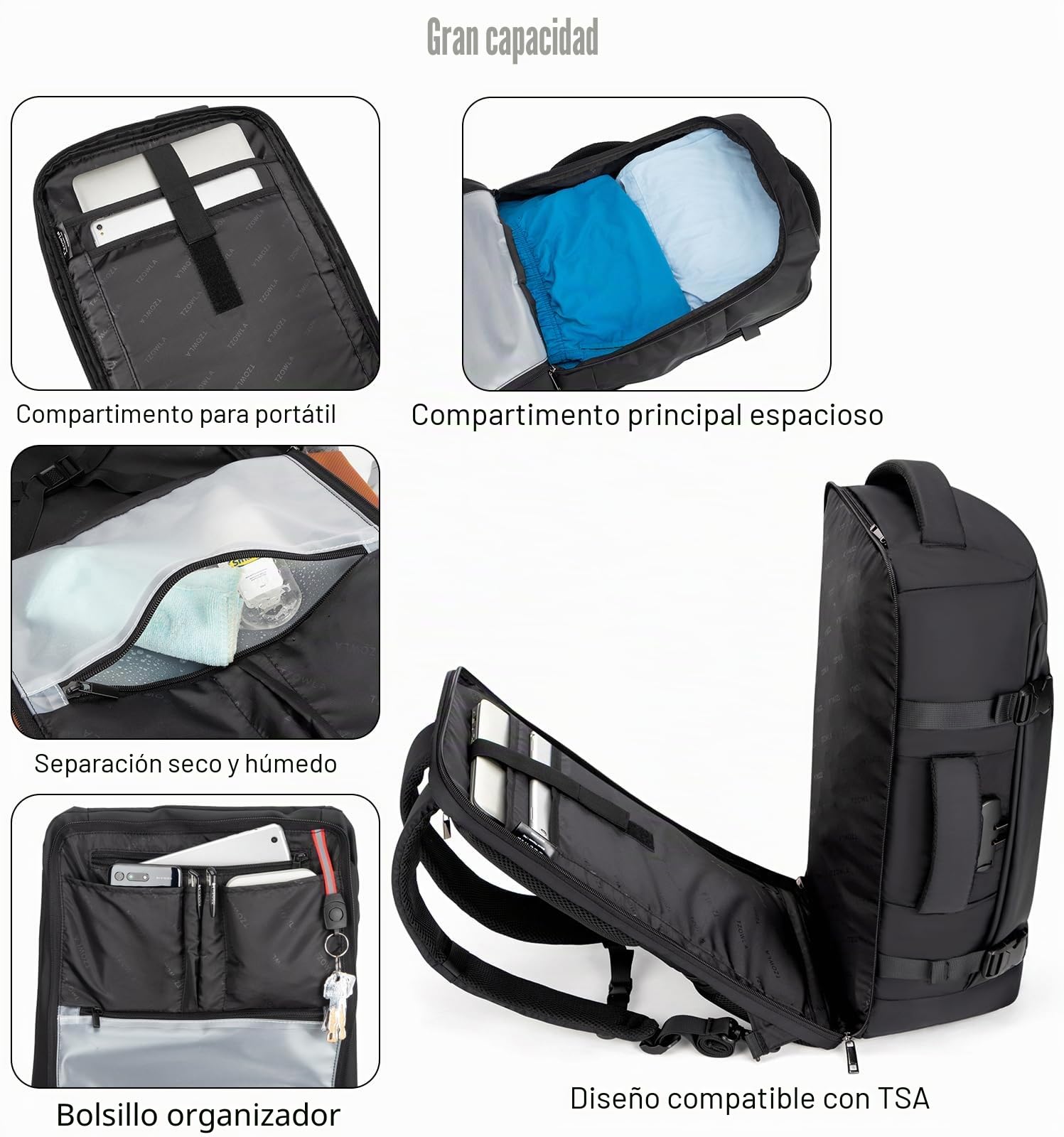 Tzowla Mochila Viaje Cabina Avion para Hombre y Mujer 40 litros,Mochila para Portatil Impermeable Antirrobo con Puerto de Carga USB,Bolsa de Transporte Casual para 17,3 pulgadas