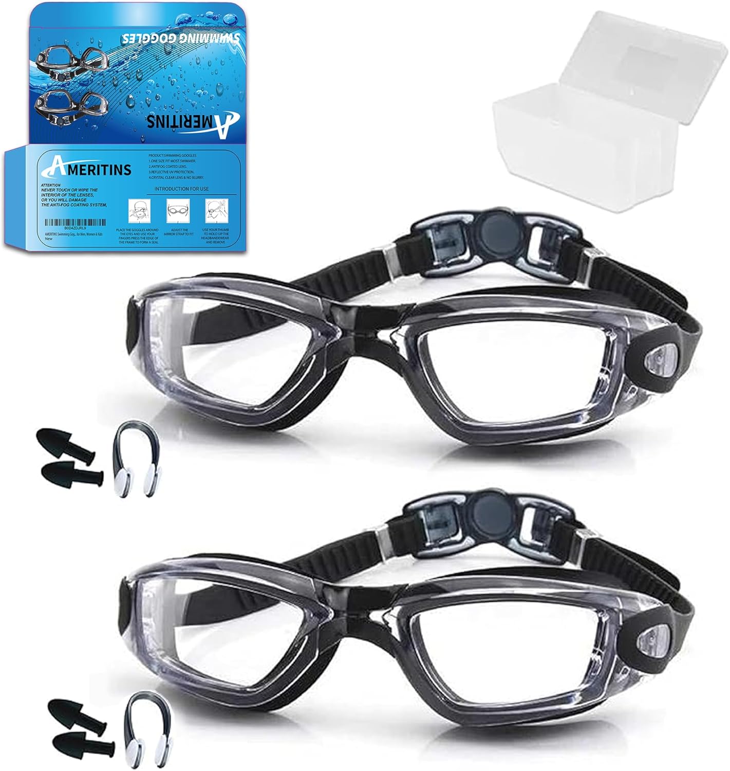 Swimming Goggles Pack of 2, Anti-Fog Goggles Swimming Adults, Anti-Leak UV Protection Crystal Clear Vision with Free Protection Case, Nose Clips & Earplus Suitable for Adults & Kids