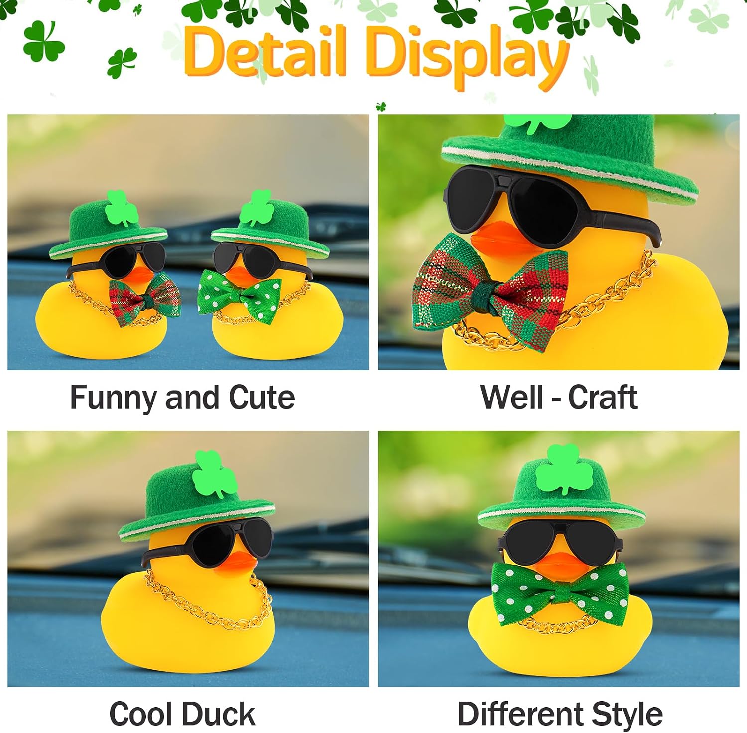 wonuu St. Patrick's Day Car Decorations Rubber Duck, Dashboard Green Shamrocks Hat Ducky for Car Ornament Accessories Ducks with Glasses, Chain (Plaid) image 4