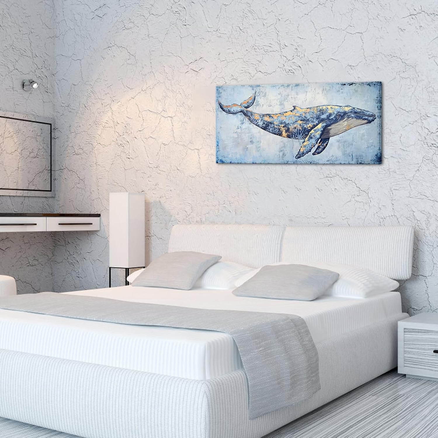 KREATIVE ARTS Blue Whale and Tropical Fish Canvas Wall Art 20x48 Inch Abstract Sealife Art Ready to Hang Gallery Wrapped for Coastal Bedroom, Bathroom, Living Room, and Office Decor
