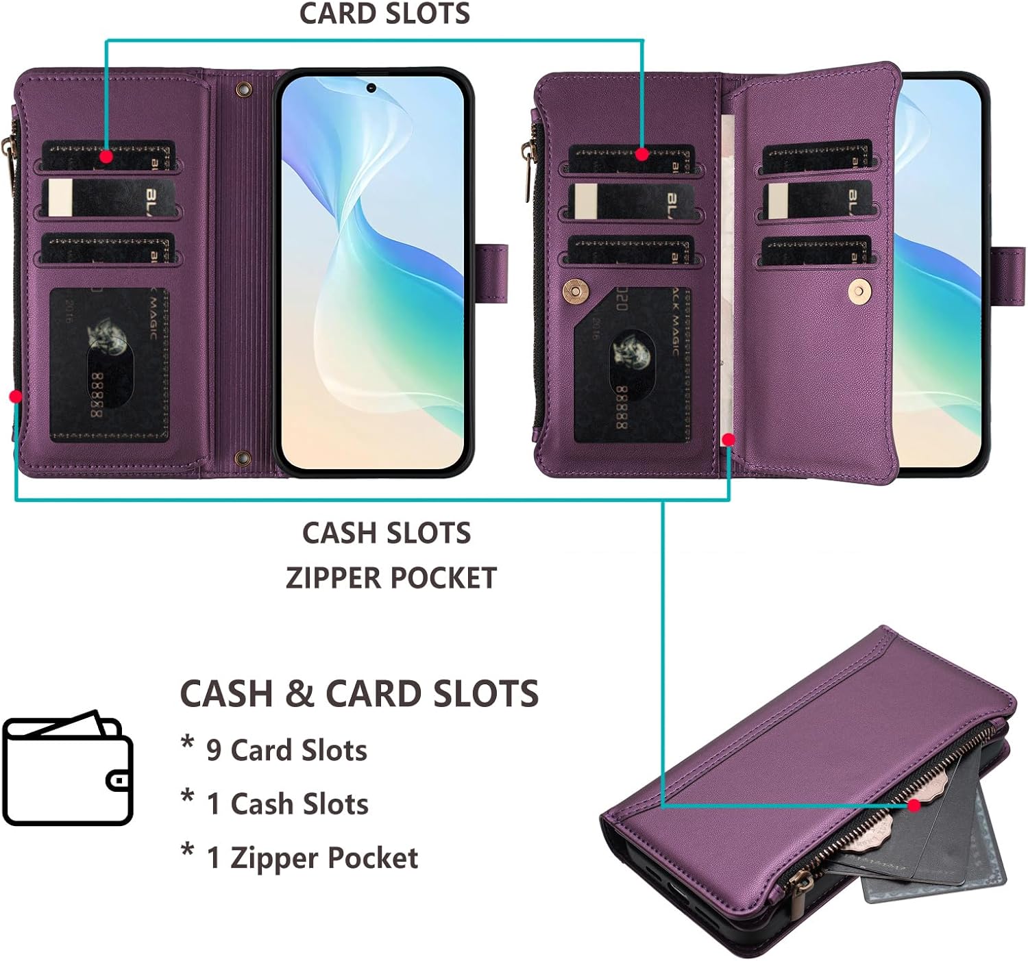 for BLU View 5 Phone Wallet Case Wallet with Screen Protecter [9 Card Slots] Leather Zipper Pocket Flip Kickstand Shockproof Cell Phone Cover for Tracfone Blue View 5 B160V BLU View5 Purple