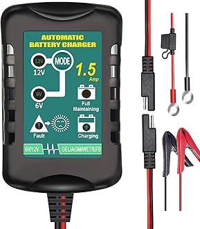 Battery Charger Automatic 6V 12V 1.5A, Trickle Charger Suitable for AGM Gel SLA VRLA Flood Lead-Acid Batteries, Starting Batteries for Auto Car Motorcycle, Dual Voltage Output Detection and Repair
