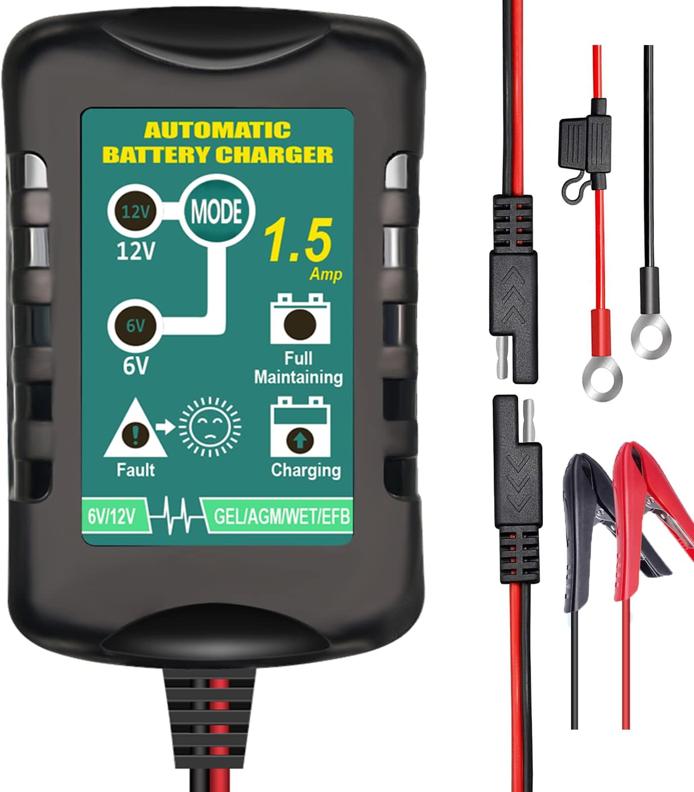 Battery Charger Automatic 6V 12V 1.5A, Trickle Charger Suitable for AGM Gel SLA VRLA Flood Lead-Acid Batteries, Starting Batteries for Auto Car Motorcycle, Dual Voltage Output Detection and Repair