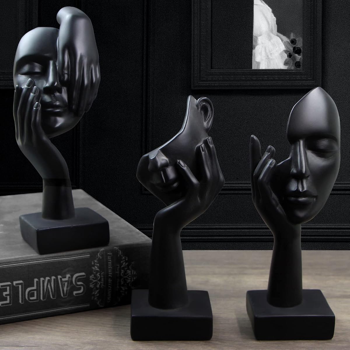 Estatua de pensador de 3 piezas, esculturas modernas para el hogar, figuras coleccionables | Adorno estético moderno de resina para el hogar, oficina, estantería, escritorio, sala de estar, mesa de centro, decoración (negro)
