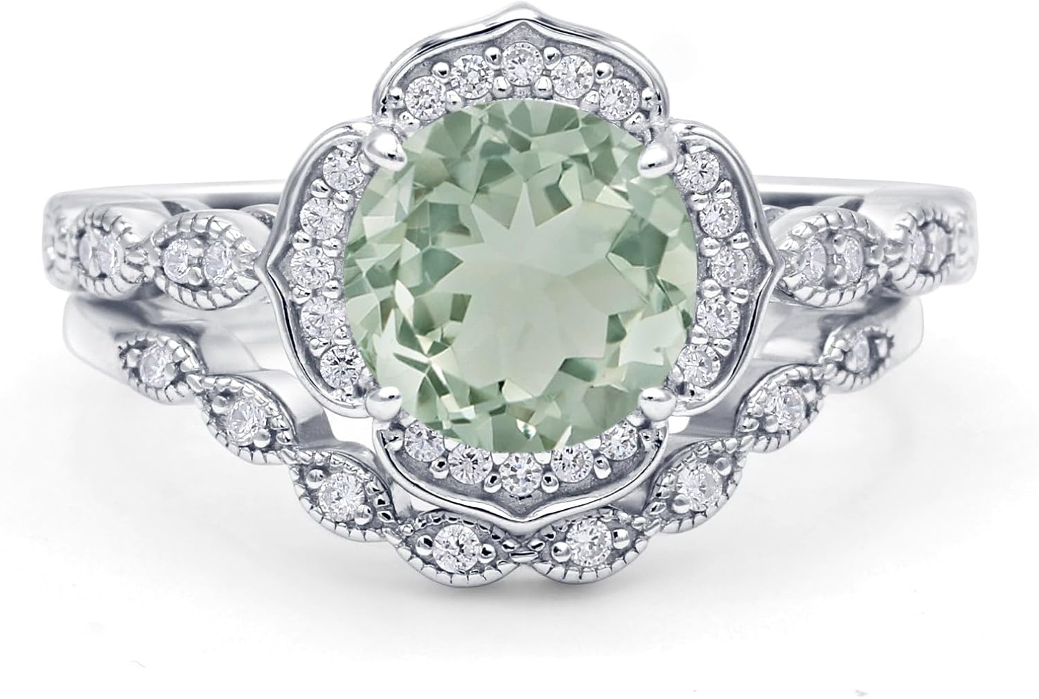 OMRANII Round Natural Green Amethyst Floral Antique Bridal Set Vintage Style Art Deco V Shape Half Eternity Wedding Band Engagement Ring CZ 925 Sterling Silver