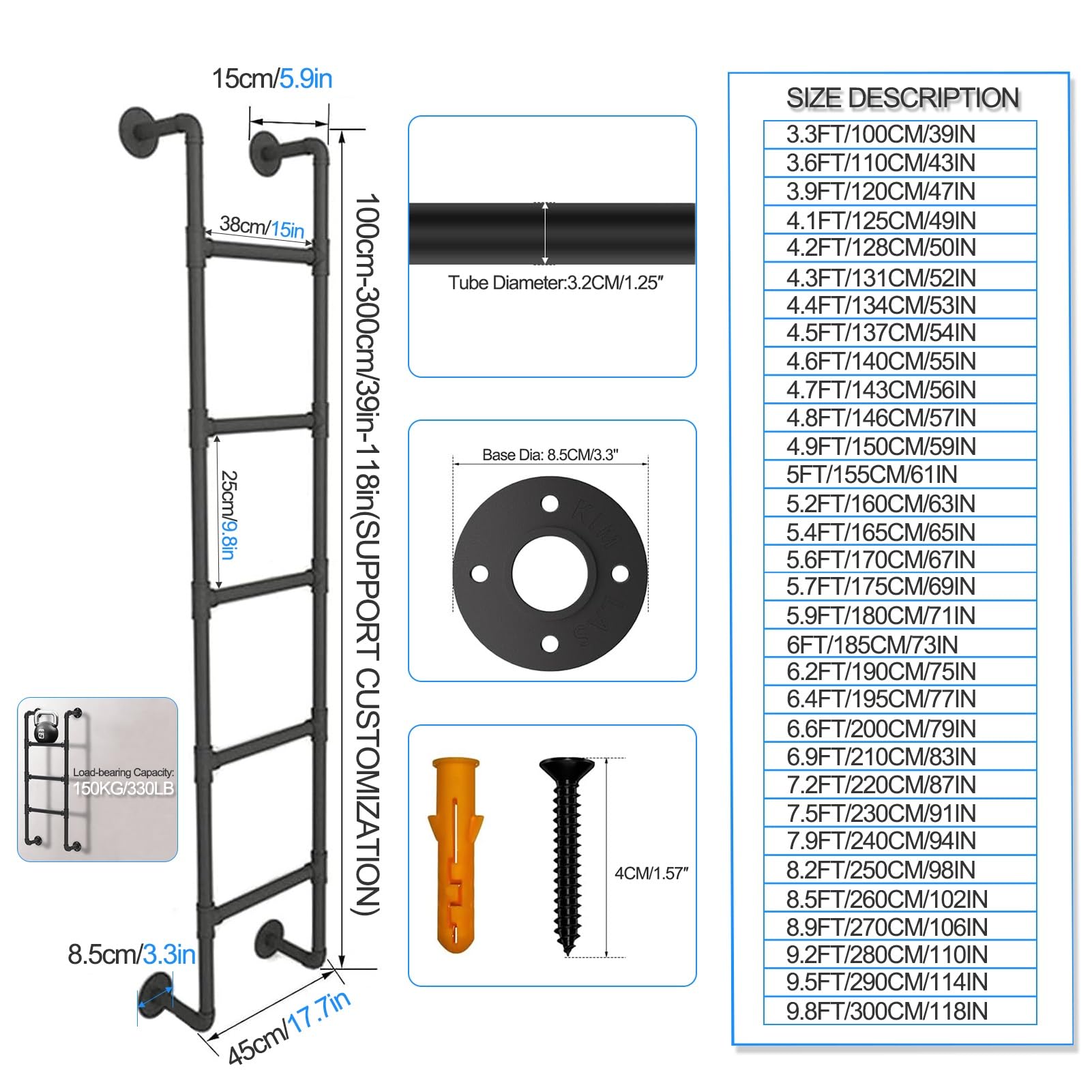Escalera de Emergencia para Hueco de Ventana, de Metal Negro, para Cama Alta, montada en la Pared, para sótano, con Tubo Redondo de Hierro, Duradera y Segura, para literas o escale