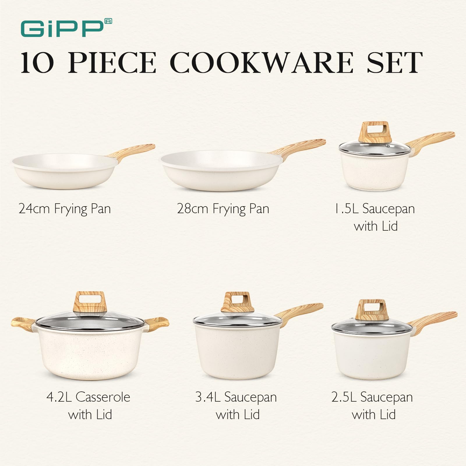 GiPP Cookware Set, 10-Piece Granite Pan Set with Non-Stick Coating, 20 24 28 cm Pans, 16 24 cm Cookware Set, Induction, Cooking Set with Spatula Spoon, for All