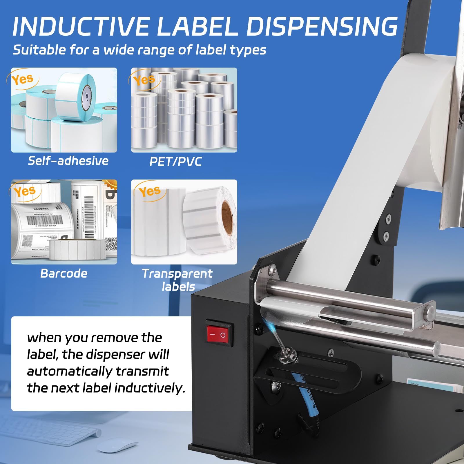 YUCHENGTECH Dispenser Etichette Trasparenti Automatico 6 pollici/s | Dispenser Etichette Adesive Elettrico Larghezza 5-110 mm Lunghezza 3-120 mm per Etichette Non Trasparenti