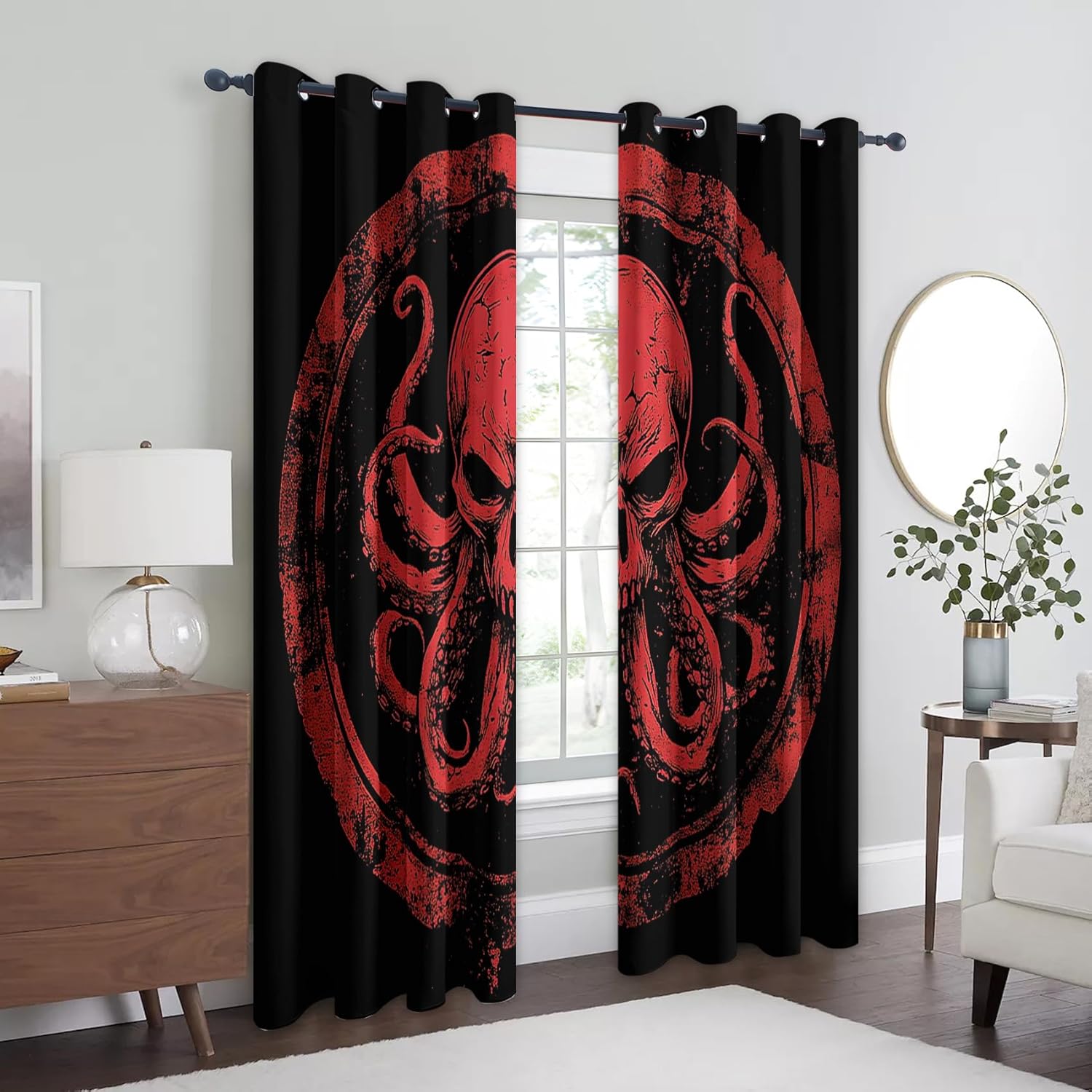 Red Octopus Curtains, Gothic Skull Blackout Curtains 42 x 72 Inch Length 2 Panels Set, Cthulhu Window Curtains Grommet Drapes for Bedroom, Living Room, Home Decor