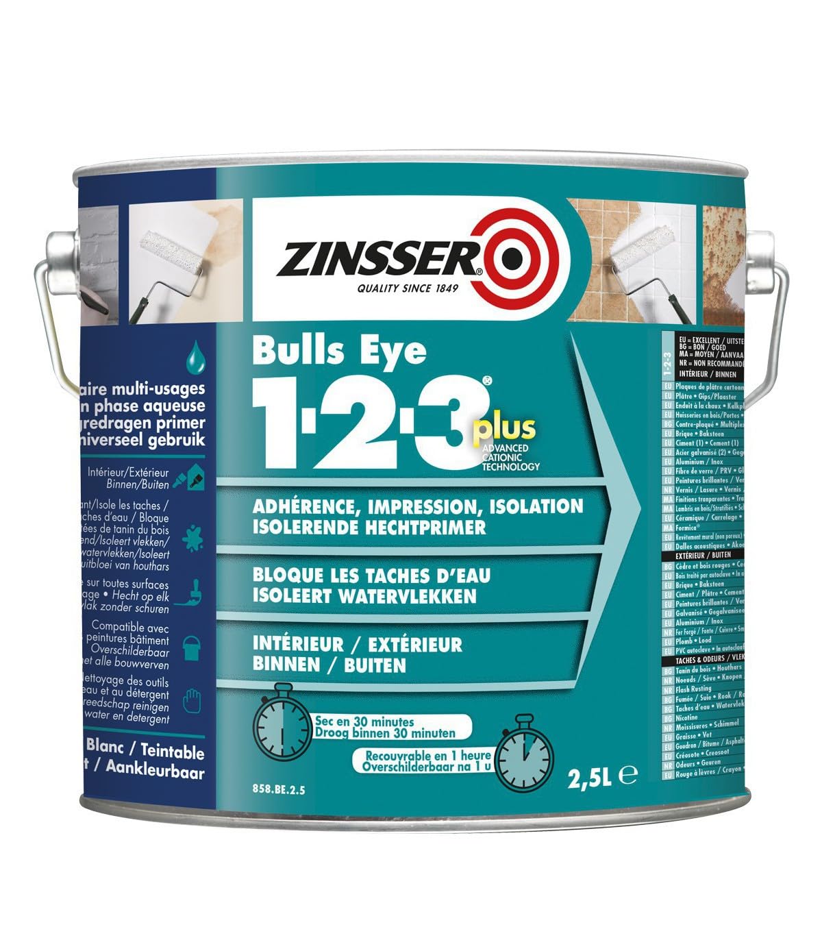 RUSTOLEUM - Primaire anti-taches avant peinture Zinsser Bulls Eye 1-2-3 Plus - Blanc - Conditionnement 2,5L, Couleur BLANC