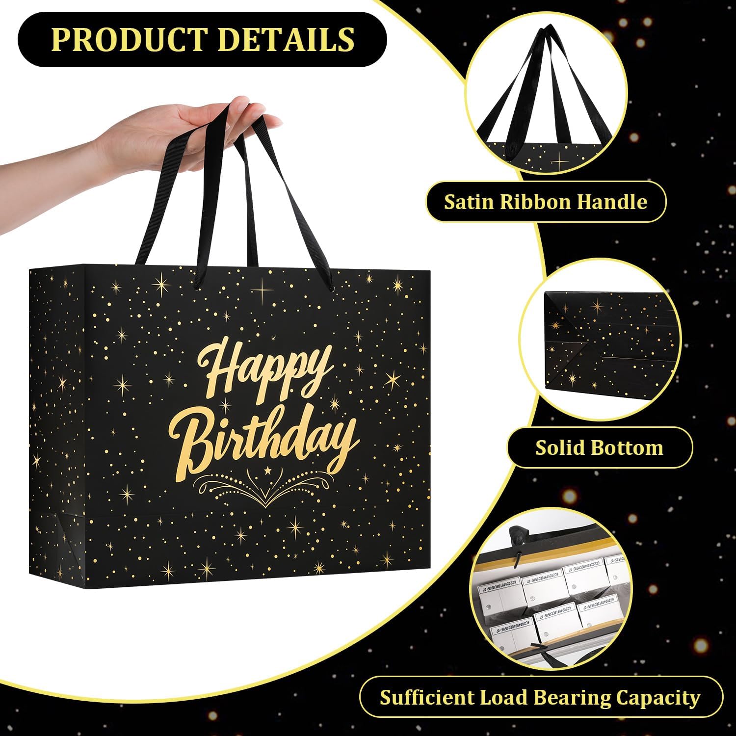 BeiLaad Large Happy Birthday Gift Bag with Tissue Paper and Greeting Card, Black Gift Bag for Men Women Birthday, Party, Medium size(2 PCS Black) - Image 3