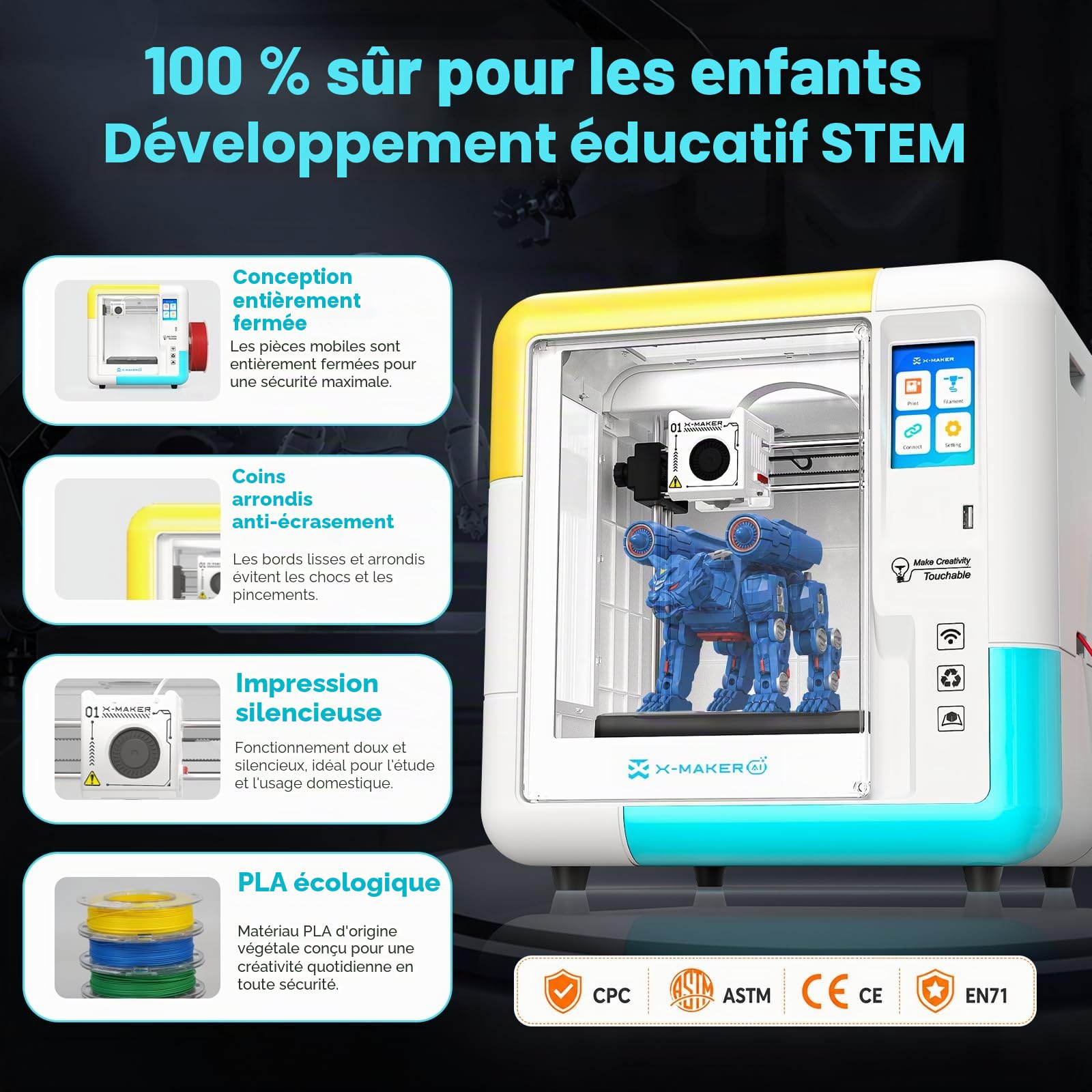 X-Maker Imprimante 3D avec Application de Conception, Grande Bibliothèque de Jouets, avec 15+ Mini Modules De Conception 3D,Imprimante 3D pour Enfants,Convient pour L'École Et La Maison, Équipé De