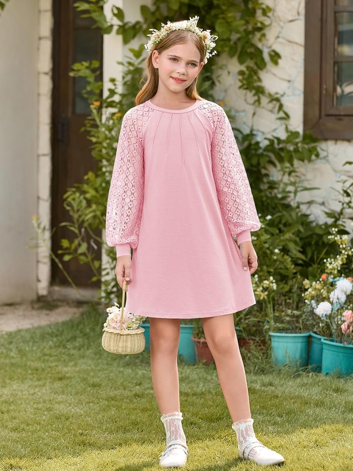 Haloumoning Girls Contrast Lace Long Sleeve Dress Kids Casual Pleated A Line Short Dresses with Pockets 5-14 Years - Image 5