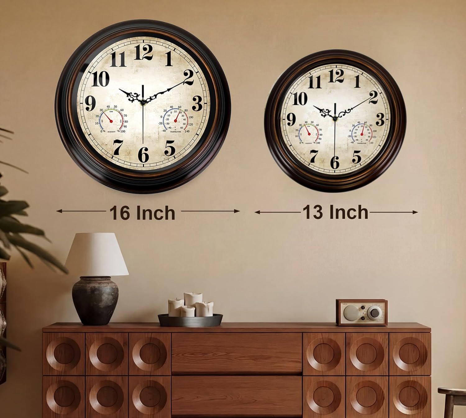 Vintage Wall Clock 13 Inch Quartz Silent Non-Ticking Analog Clock with Thermometer and Hygrometer, Battery Operated Rustic Round Decorative Clock for Living Room Home Office Classroom