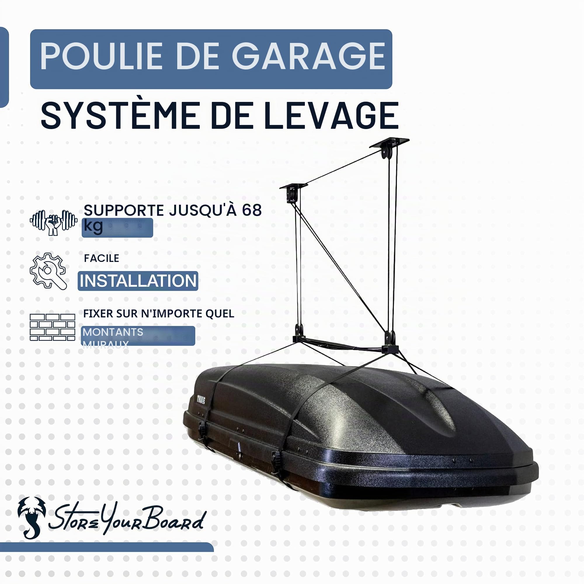 StoreYourBoard Palan de plafond robuste pour boîte de chargement – Système de levage de poulie de garage convient aux plafonds de 2,4 à 3 m