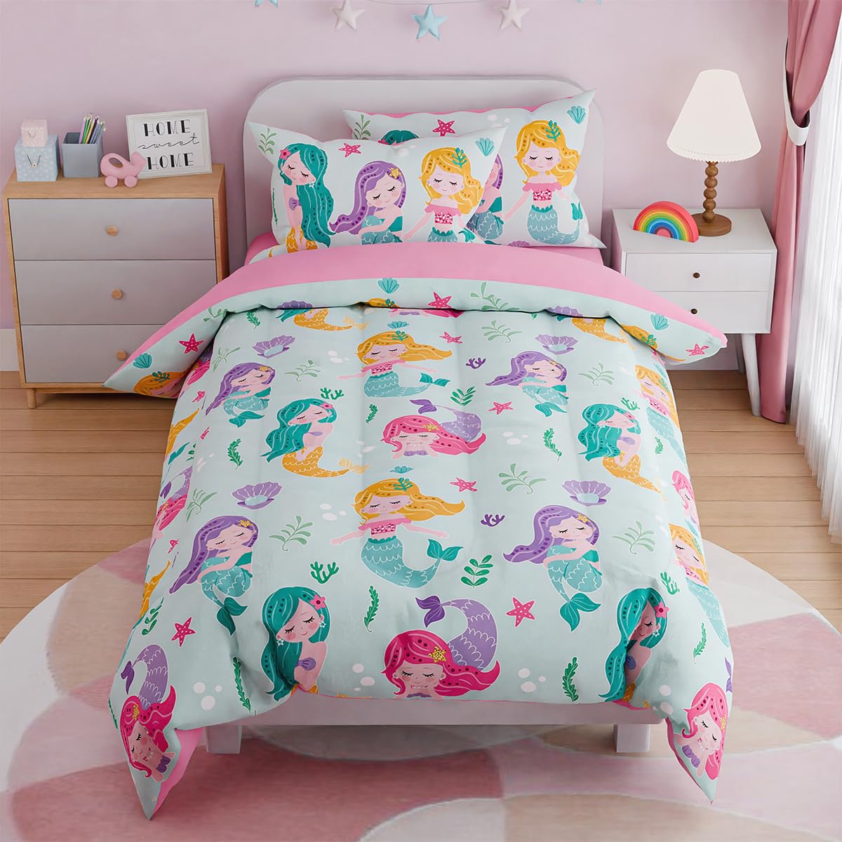 SANDJEST Mermaid Bedding Twin for Girls, Ultra Soft Microfiber Comforter Set Twin Size with 3-Pieces, Comforters Bed Sets for Kid Children Teen Tween Bedroom Decor