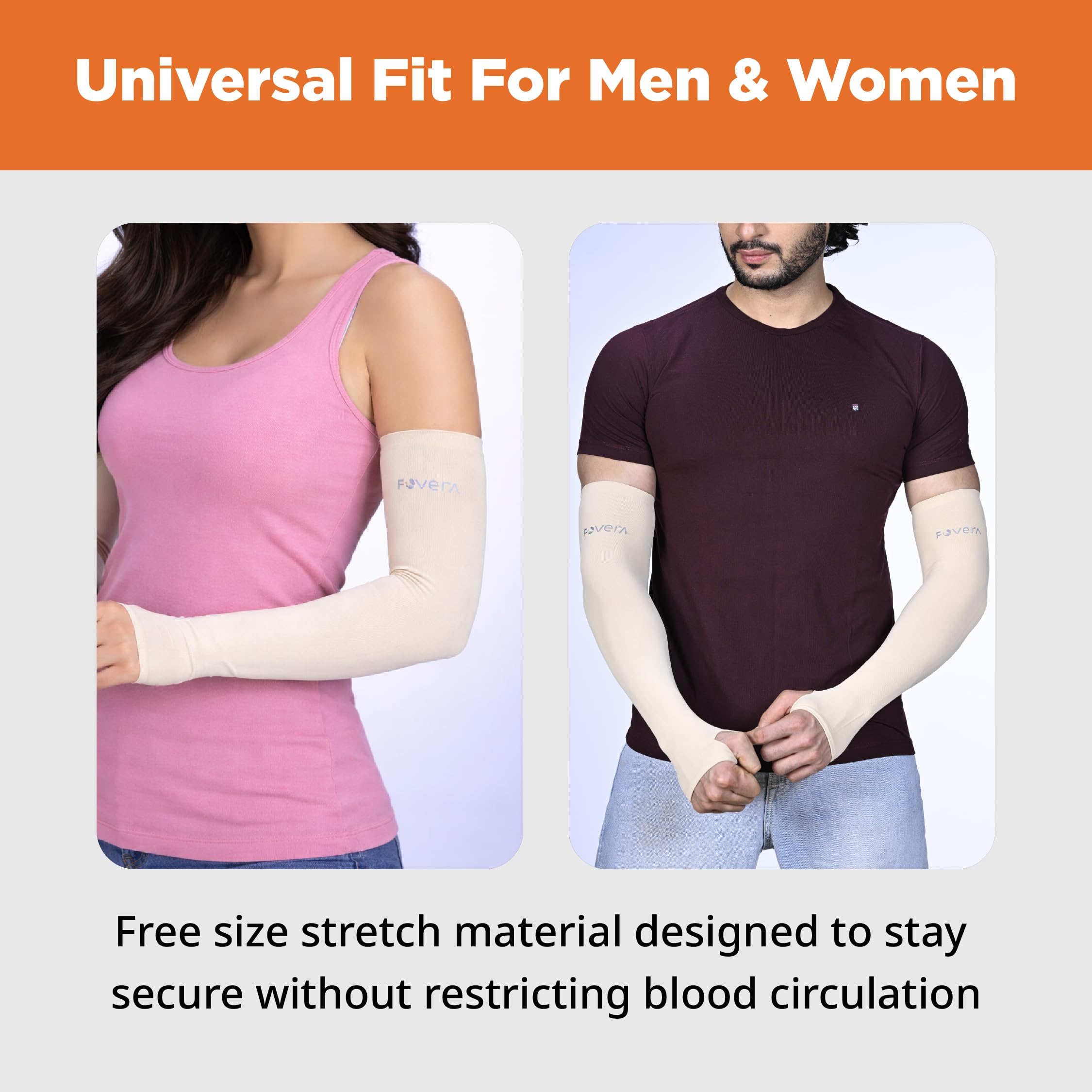FOVERA UV Sun Protection Arm Sleeves with Thumb Loop for Men & Women – UPF 50+ Cooling Hand Cover for Biking, Cricket, Driving & Cycling – Tan Protection Guard (Beige, 1 Pair) 3