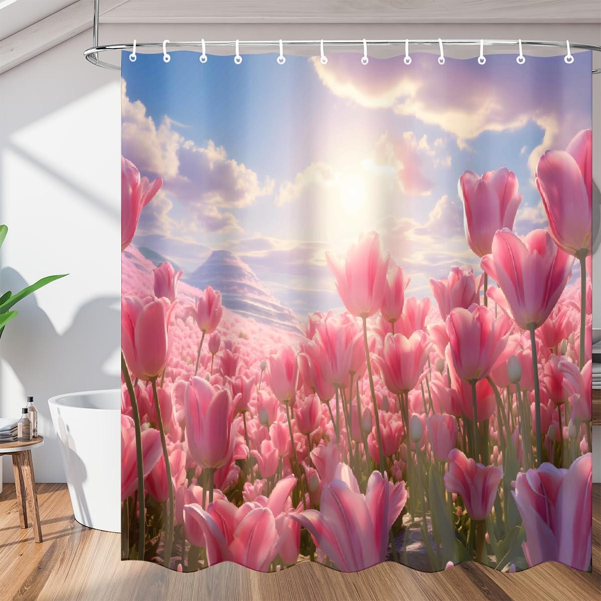 Rideau de douche imperméable en polyester rose aux tulipes 183x183