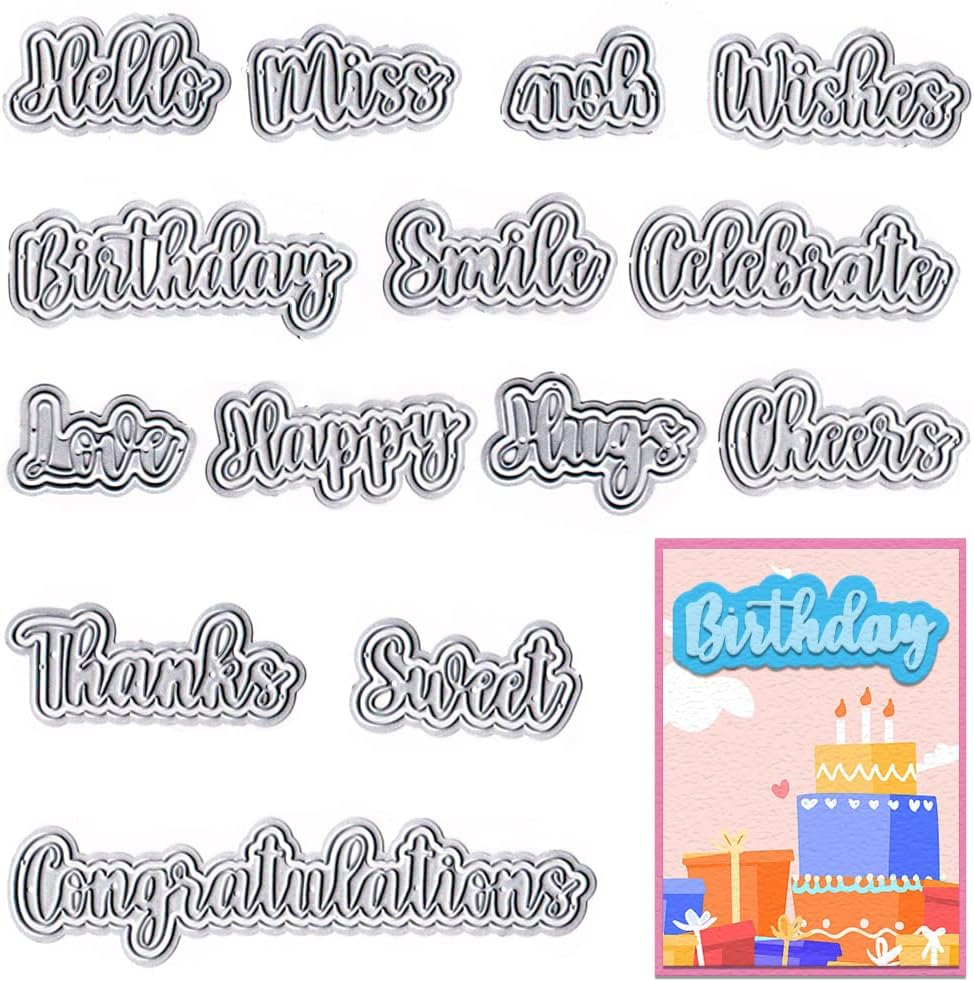Threetols 14 PCS Holiday Words Metal Die Cuts for Card Making, Birthday Thanksgiving Words Cutting Dies for Paper Craft DIY Decor Holiday Card Making Scrapbooking Paper Album Stamp