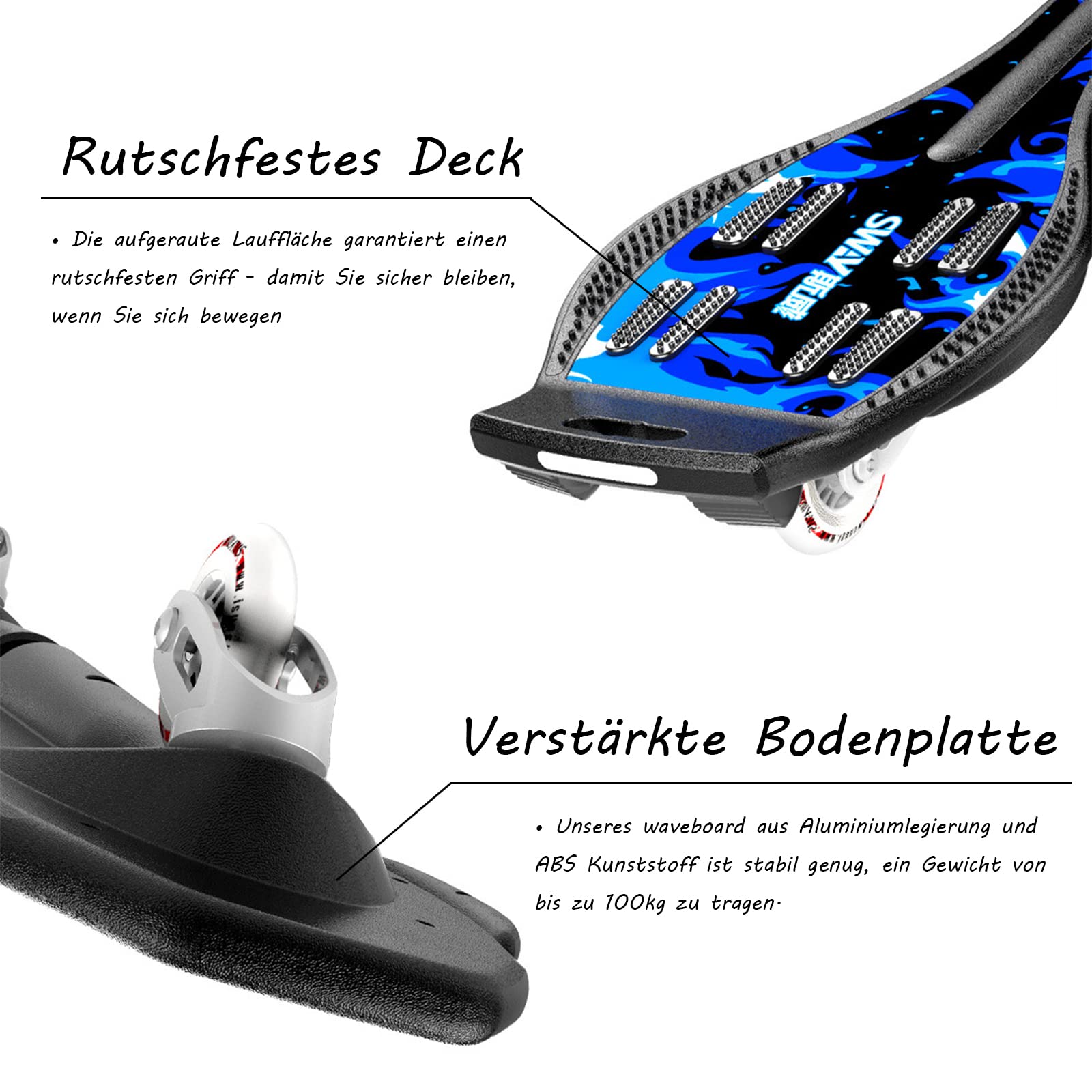 Waveboard Kinder ab 10 Jahre, Streetsurfing Snakeboard Waveboards mit Leuchtrollen, Skateboard für Kinder und Jugendliche, Bis 129 kg, 87x23x12,5 cm