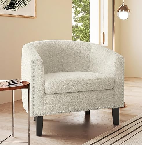 BELLEZE Silla Accent Barrel, moderna silla tapizada para sala de estar, silla decorativa con ribete de cabeza de uñas plateadas, patas negras, Kyara