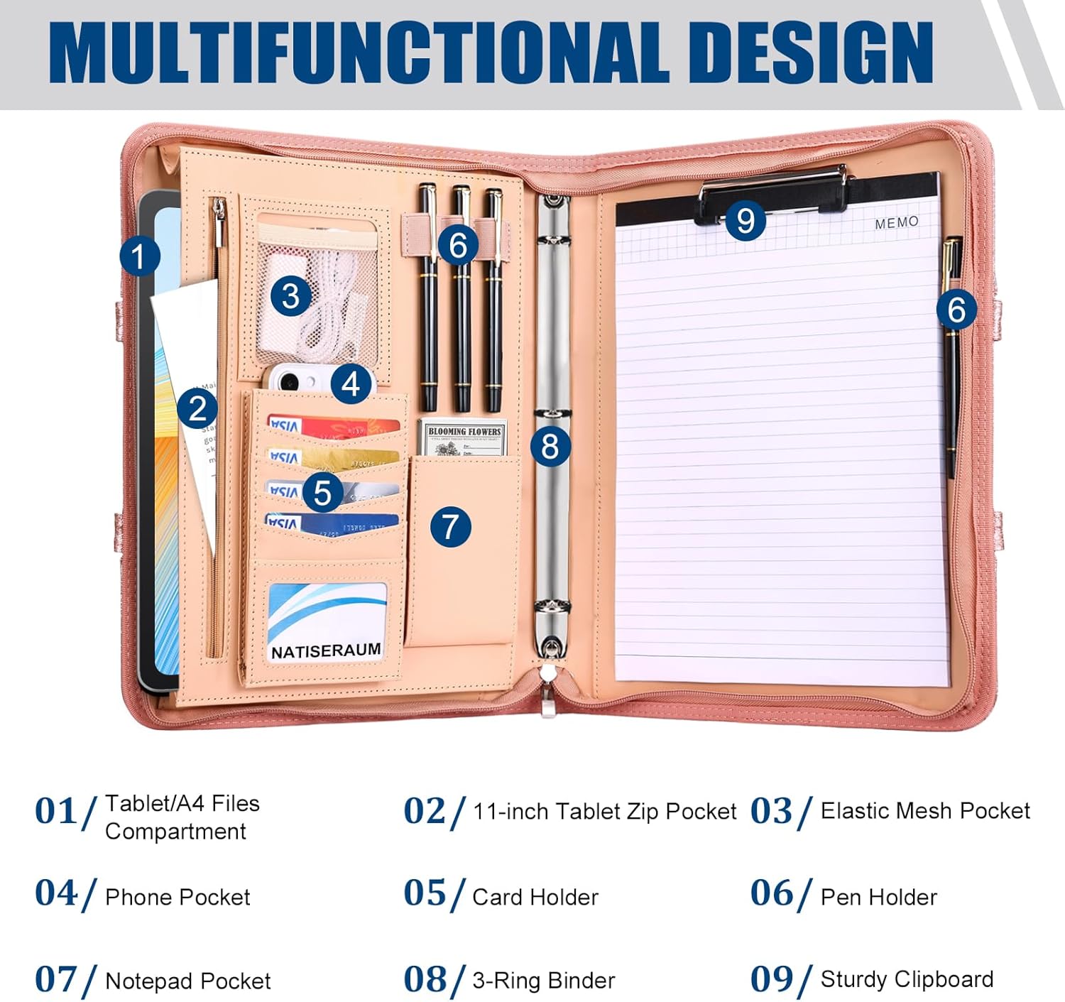 Padfolio Portfolio Binder with Handle, 3-Ring Folder Organizer, Vegan Leather Portfolio with Notepad Includes 5 Dividers with 10 Pockets for Documents Filesfor Documents Files and 1 Pen - Image 4