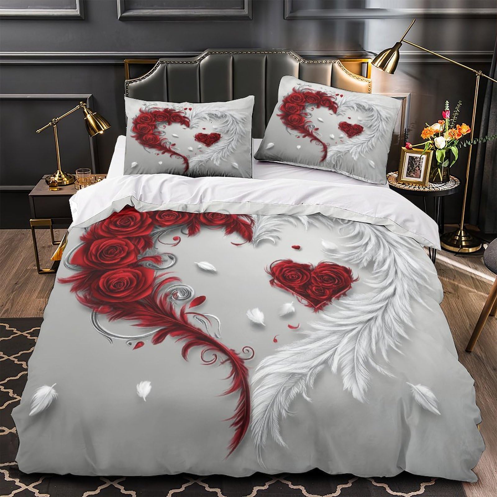 Housse de couette 200x200cm anti-pli respirante parure lit motif rose