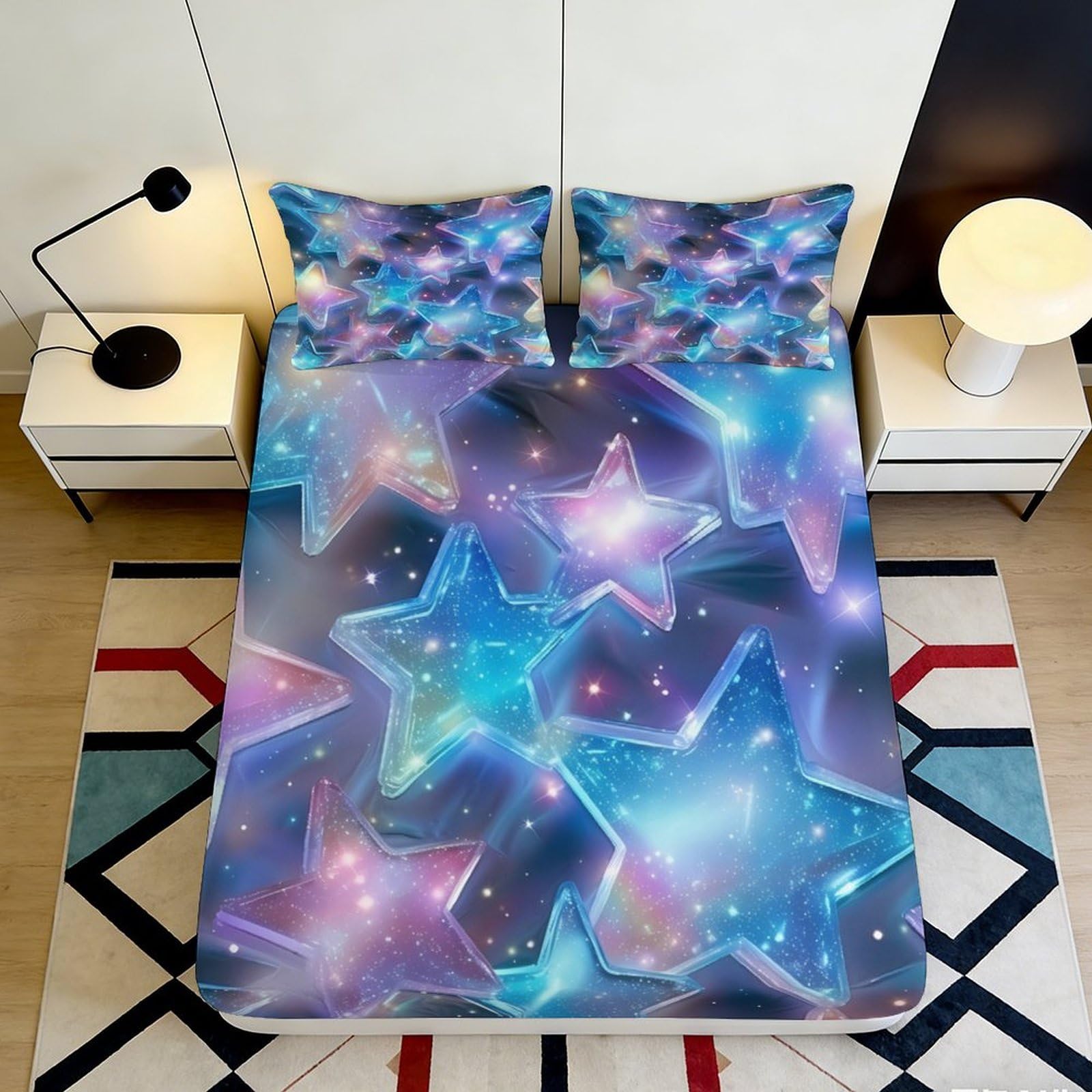 3D Printed galay Fitted Sheet, Microfiber soft touch, star pattern, bed cover for home bedroom or guest room, wrinkle resistant, apartment bedding, easy care, chars 120x200x25cm