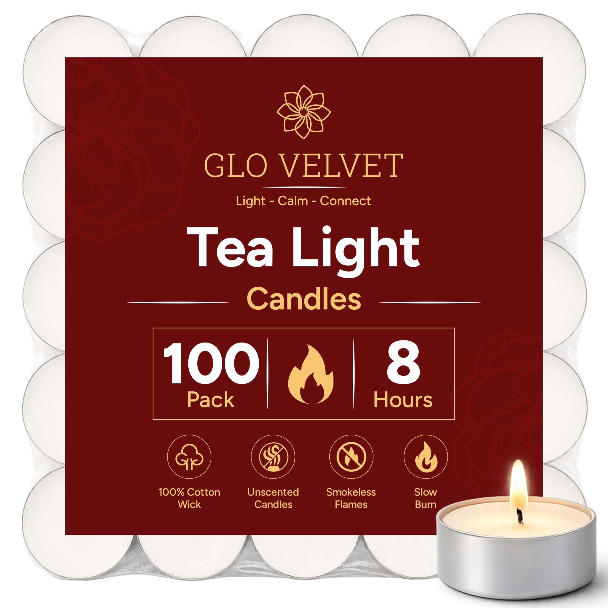 Glovelvet Tea Lights 8 Hour Burn (100 Pack) - Unscented White Tealight Candles, Long Burning, Cotton Wicks, Clean & Smokeless, 3.8 x 2.3 cm - for Wax Melt Burners, Home Décor & Events