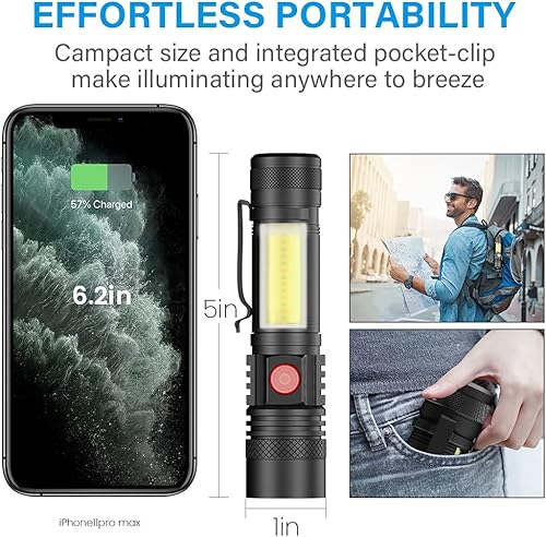 Miniatura 7 de Vnina Linternas recargables por USB, linterna LED táctica, 4 modelos, zoomable, impermeable, linterna de alto lúmenes con clip para camping,