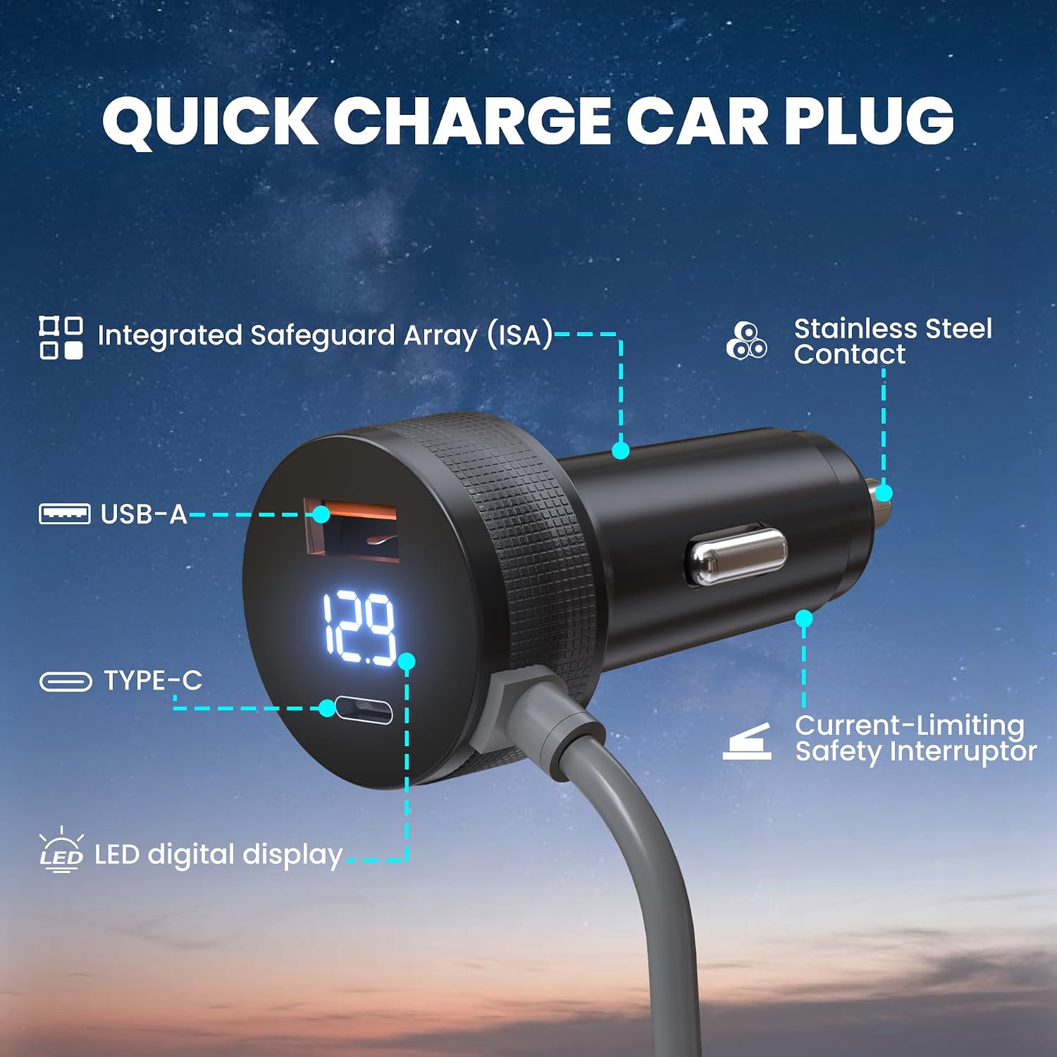 Starlink Mini Car Charger with Digital Display & Dual USB Ports | 10FT 12V/24V Cigarette Lighter Adapter for Starlink Mini Power, USB-A & Type-C Port
