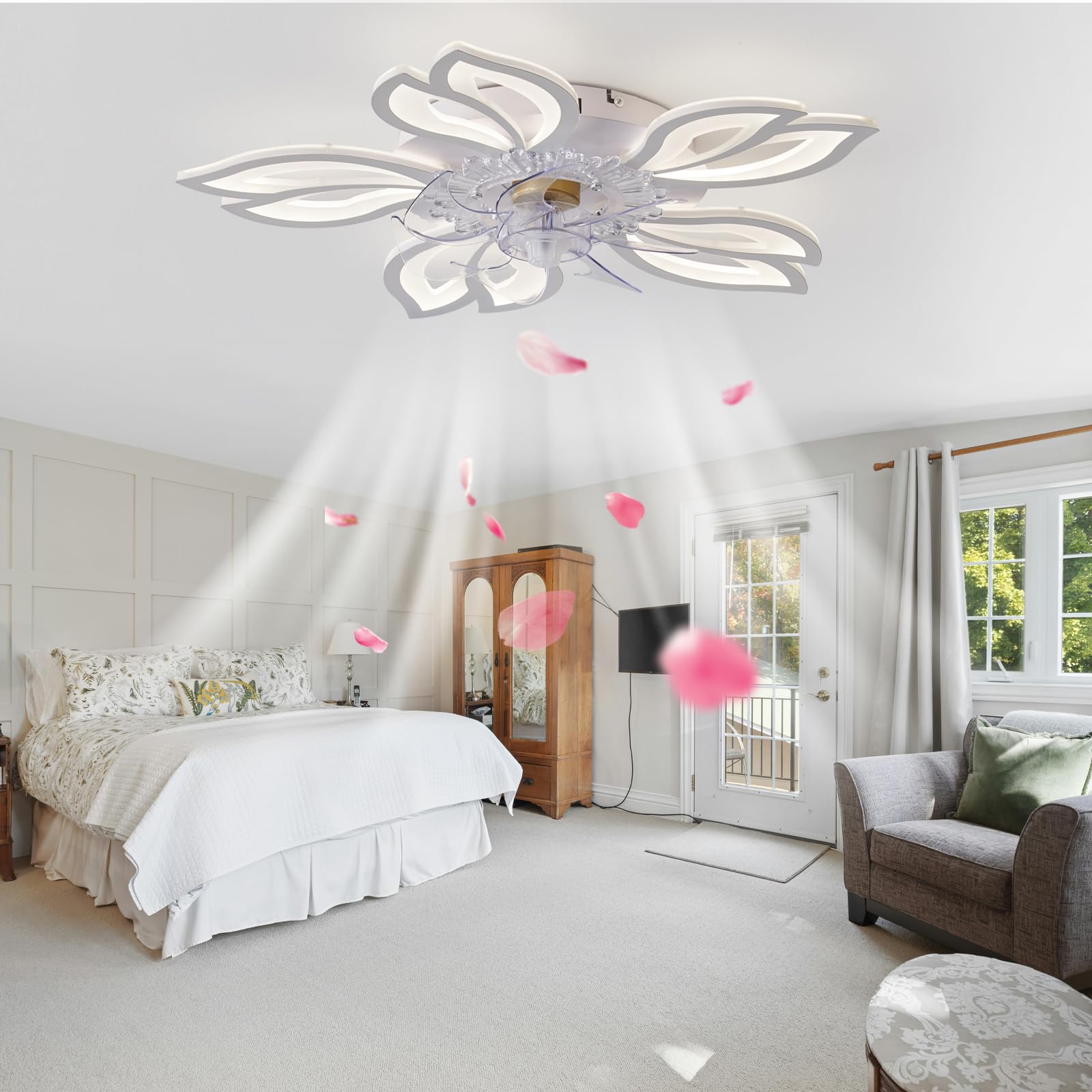 HXYSXHJUO Petal LED Ceiling Fans with Lights, Dimmable Lamps Modern Fan Chandelier for Living Room and Bedroom, Reversible Winter Summer-White
