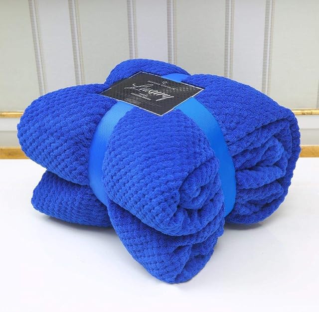 LJ Popcorn Waffle Style Luxurious Throws Super Soft Warm Cosy Sofa and Bed Fleece Blankets (Electric Blue, Double -150x200cms)