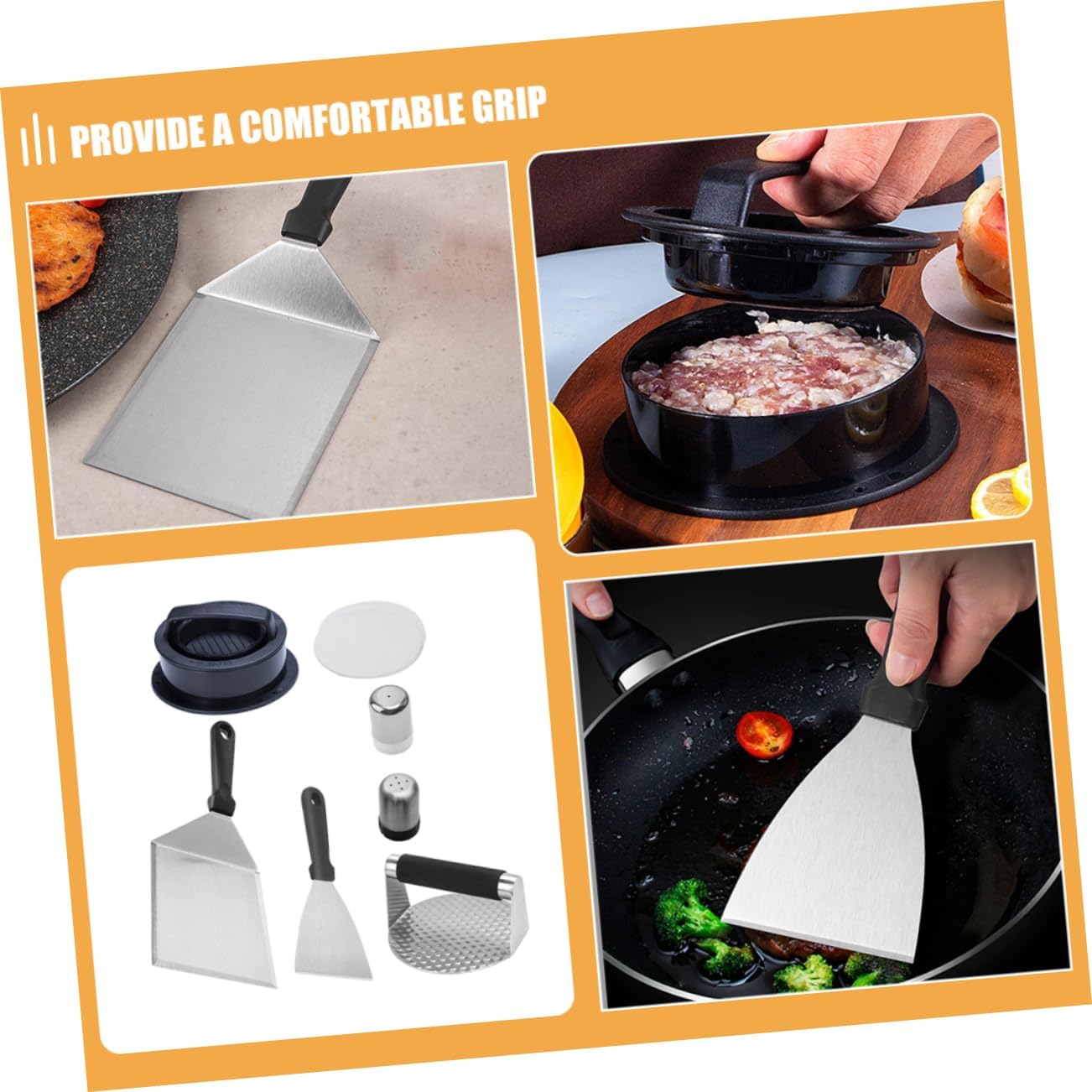 GALPADA 1set Stainless Steel Grilling Tool Kit Burger Press Versatile Spatula Food Brush and Oil for Outdoor BBQ Camping and Cooking Enthusiasts