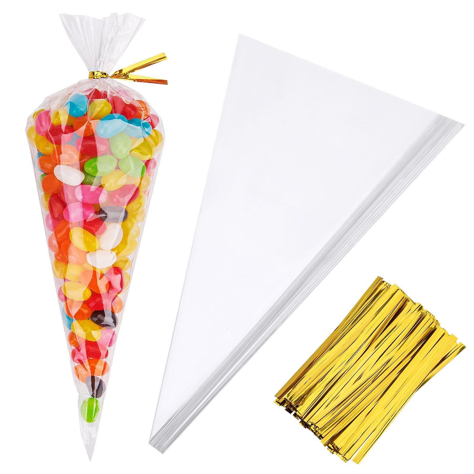 Awpeye 100PCS Clear Cone Shaped Treat Bags - 5.12x9.84 Inches Plastic Cone Bags with 100PCS Gold Twist Ties