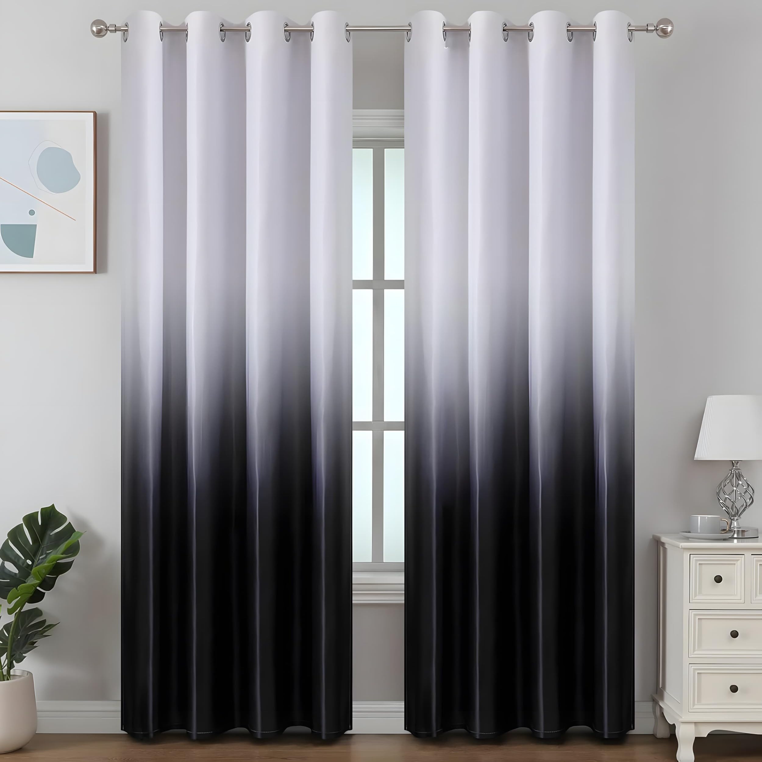 Czarno-białe zasłony z gradientem, zestaw 2 sztuk, proste i wyrafinowane, termiczne, ochrona przed zimnem, wys. 250 x szer. 70 cm, zasłona zaciemniająca na przelotkach, do pokoju dziecięcego