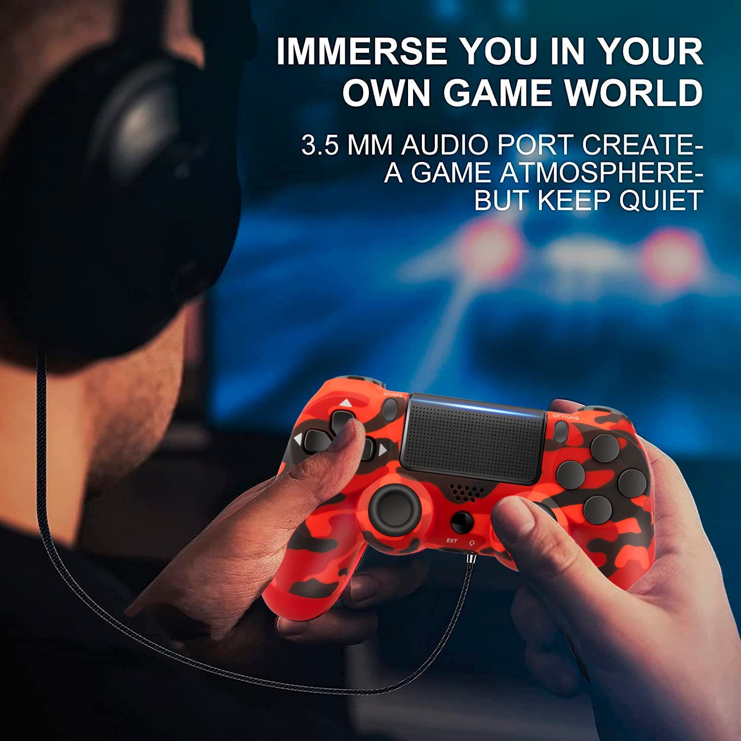 AUGEX Wireless Controller 2 Pack for PS4 Controller, Wireless Gamepad Work with Playstation 4 Controllers, Game Control for PS4 Controller with Joystick, PS4 Pro/Silm/PC （Red and Camo Red）
