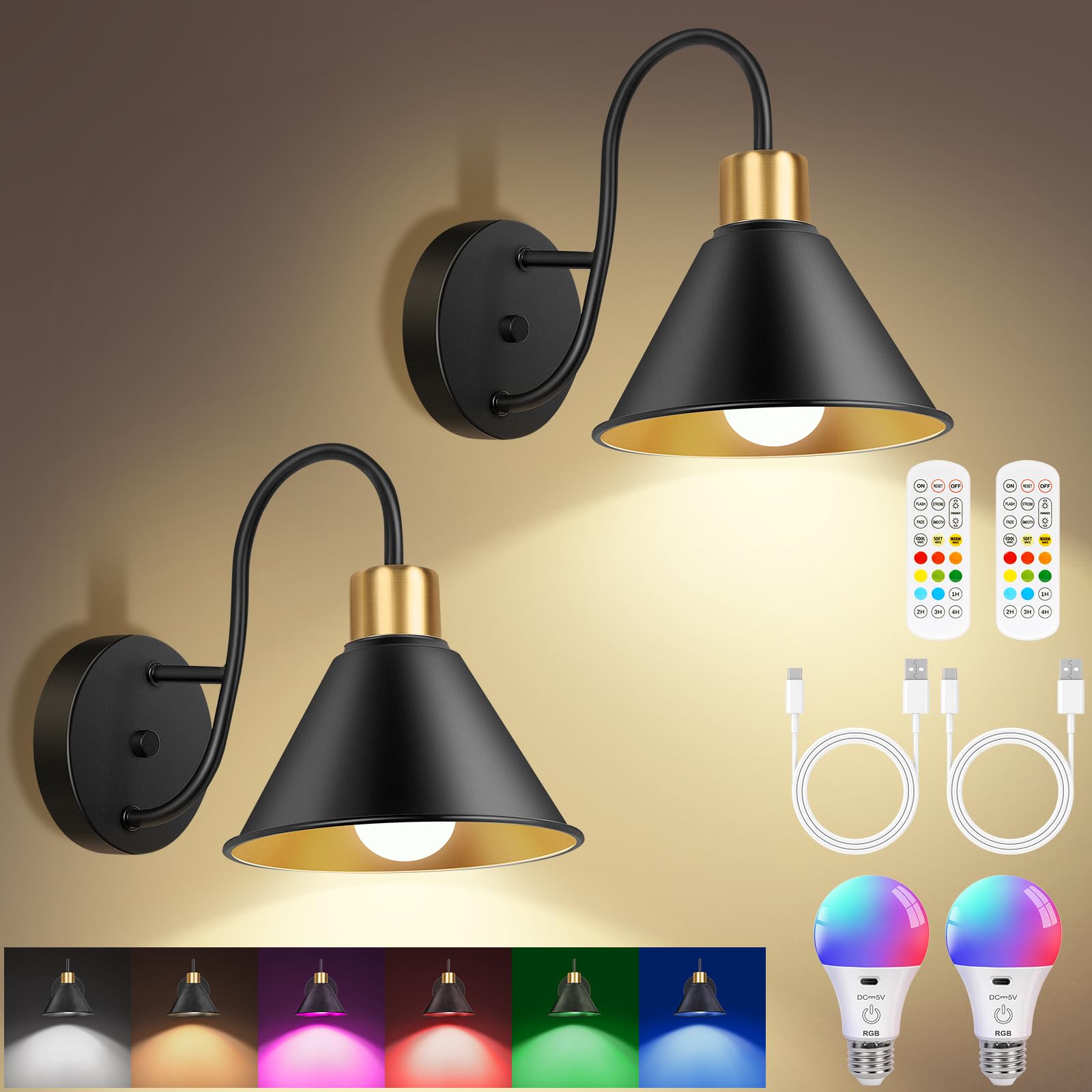 Photo 1 of Frideko Rechargeable Wall Sconces Set of Two with Remote, RGB 15 Colors Dimmable Battery Operated Wall Lights for Living Room Bedroom, Indoor Black Wall Lamp with Timer Wireless