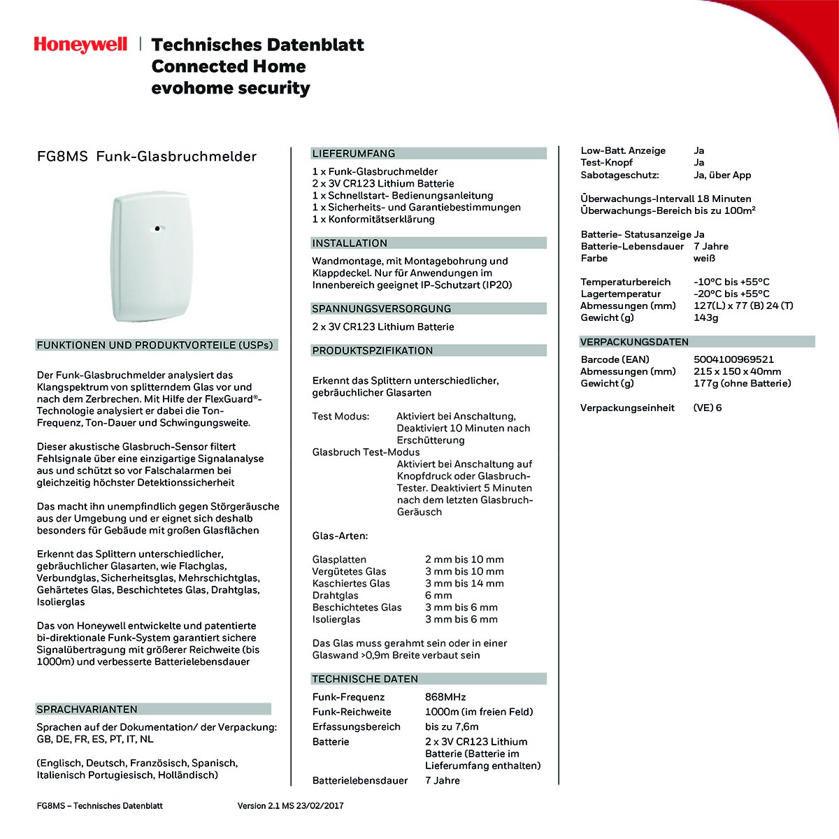 Honeywell Home FG8MS Evohome Security Détecteur sans fil de bris de glace