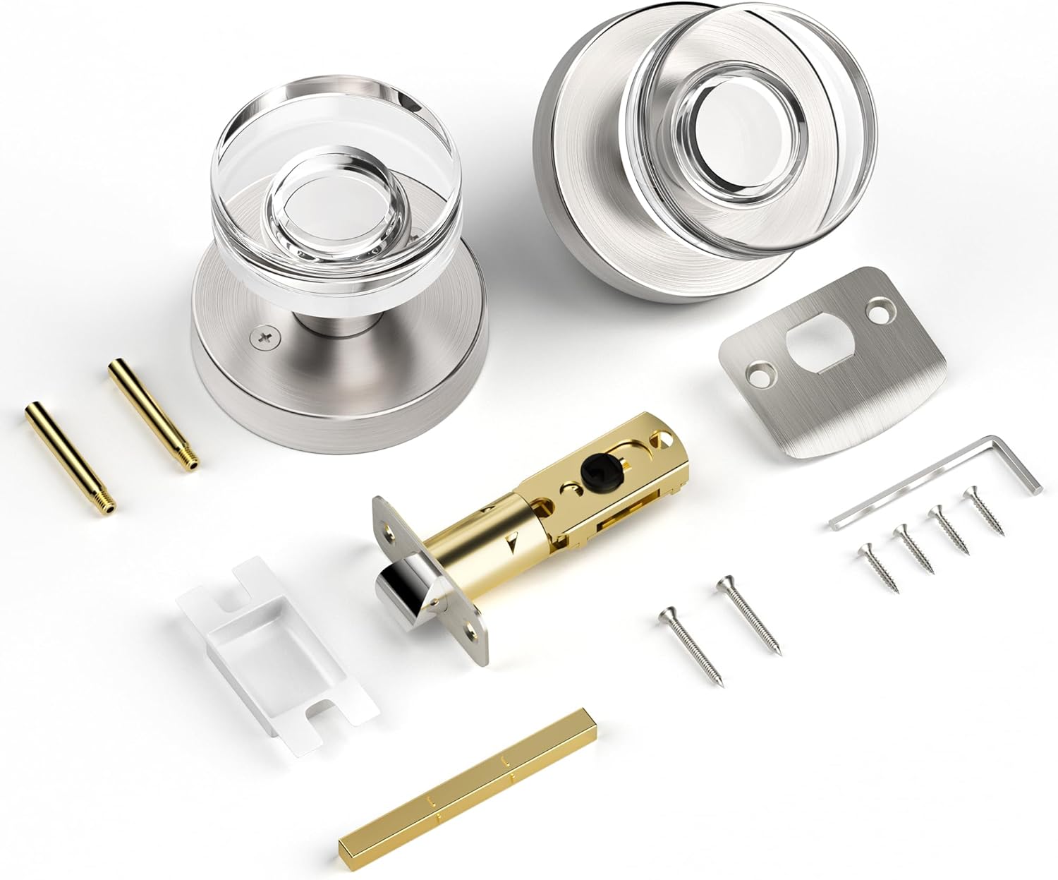 Satin Nickel Door Knobs Glass Door Knobs Interior Round Passage Door Knob Crystal Interior Door Knob for Closet and Hallway, Brushed Nickel