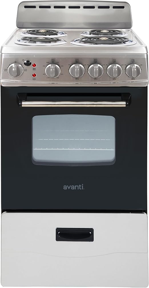 Avanti ERU200P3S Electric Range Oven Compact Design, 2.1-Cu.Ft. Capacity with 4 Coil Burners, Framed Glass Door, Storage Drawer and Broiler with Pan Perfect for Apartments, 20-Inch, Stainless Steel