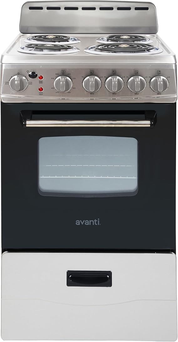 Avanti ERU200P3S Electric Range Oven Compact Design, 2.1-Cu.Ft. Capacity with 4 Coil Burners, Framed Glass Door, Storage Drawer and Broiler with Pan Perfect for Apartments, 20-Inch, Stainless Steel