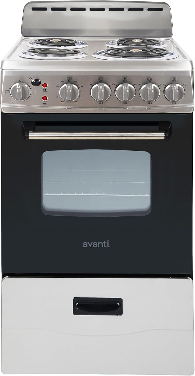 Avanti ERU200P3S Electric Range Oven Compact Design, 2.1-Cu.Ft. Capacity with 4 Coil Burners, Framed Glass Door, Storage Drawer and Broiler with Pan Perfect for Apartments, 20-Inch, Stainless Steel