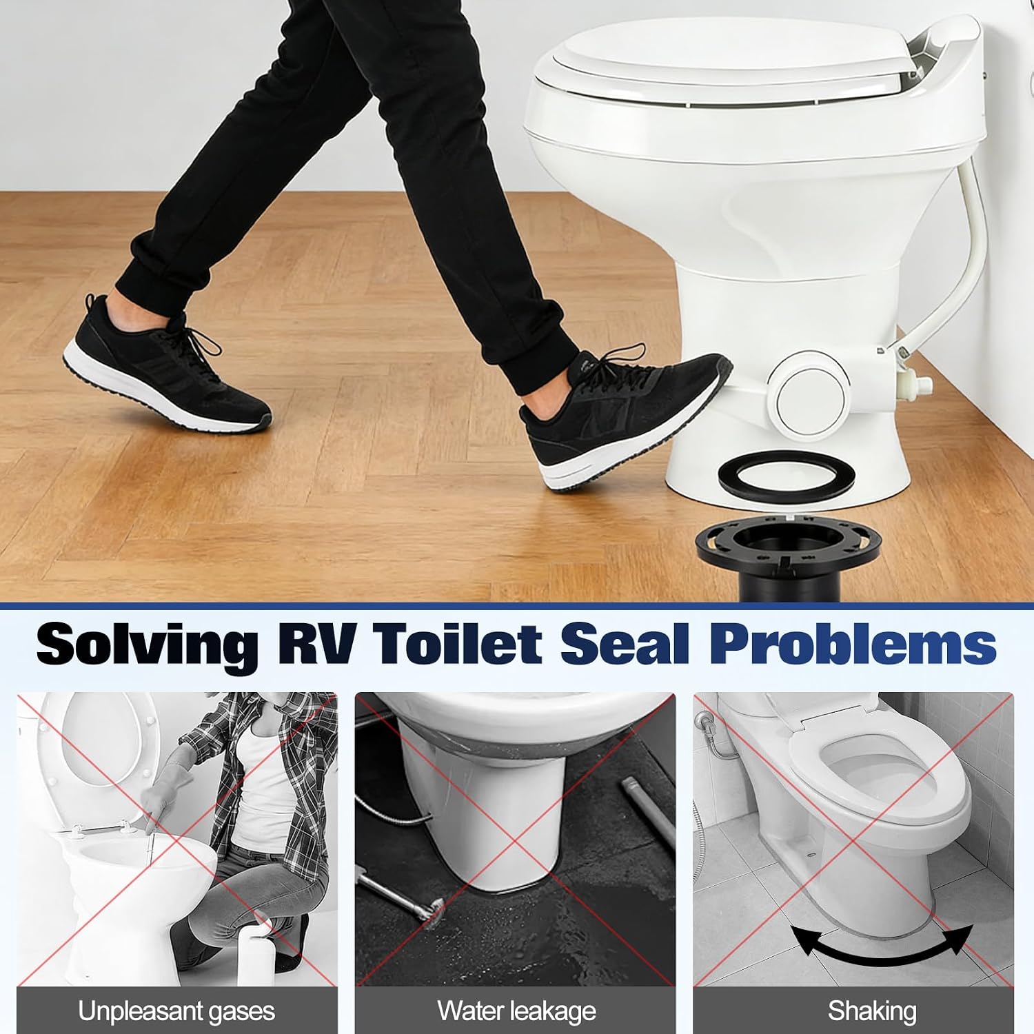 RV Toilet Seal with 3 Inch Socket Floor Flange Kit for Dometic 300 310 320 Toilet, Replacement Parts Kit 385345892 Flange, 385311658 Flush Ball Seal and 385311652 Base Seals Gasket
